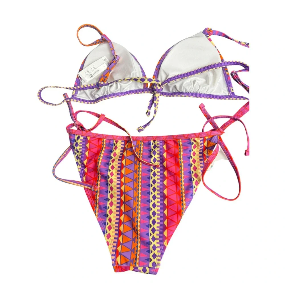 Cupshe Womens Geometric Tribal Print Bikini Set Purple Orange Pink‎ Size L NEW